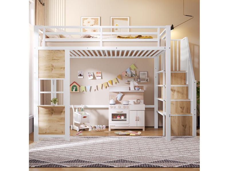  Lit mezzanine enfant 140x200 cm avec escalier de rangement blanc  - Conforama E