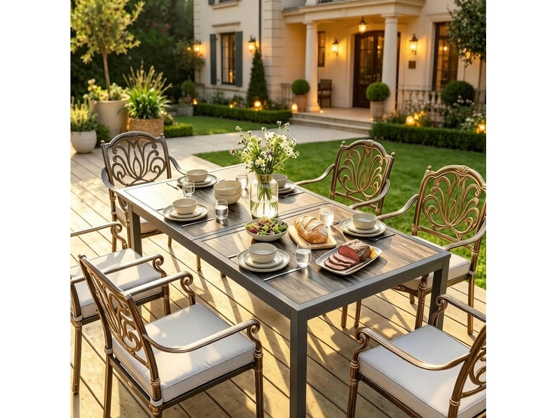  Table de jardin 140x80 cm – gris foncé – plateau aspect bois pspc, acier galvanisé thermolaqué pour 4 à 6 personnes  - Conforama D