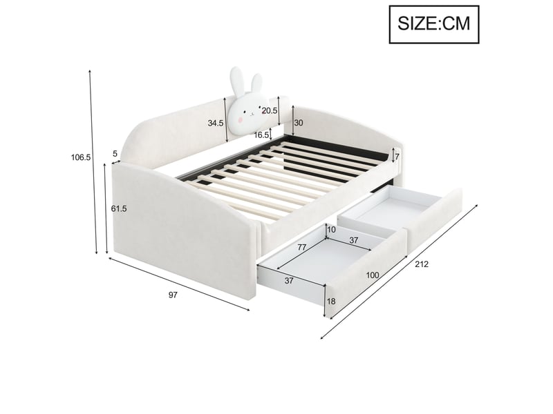  Lit enfant type canapé rembourré 90 x 200 cm, 2 tiroirs, led, velours beige  - Conforama C