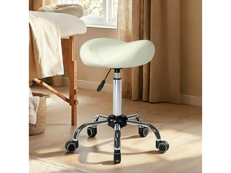  Fauteuil de selle roulant réglable en hauteur, revêtement pu, pour massage, spa, clinique, institut de beauté, tatouage, blanc crème  - Conforama D