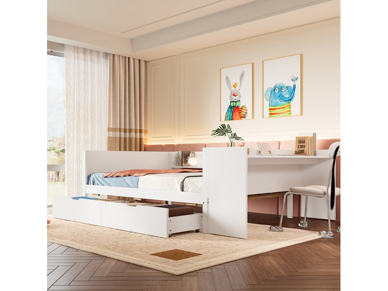 Lit 2 places 140x200 cm avec bureau et 2 tiroirs blanc - Conforama B