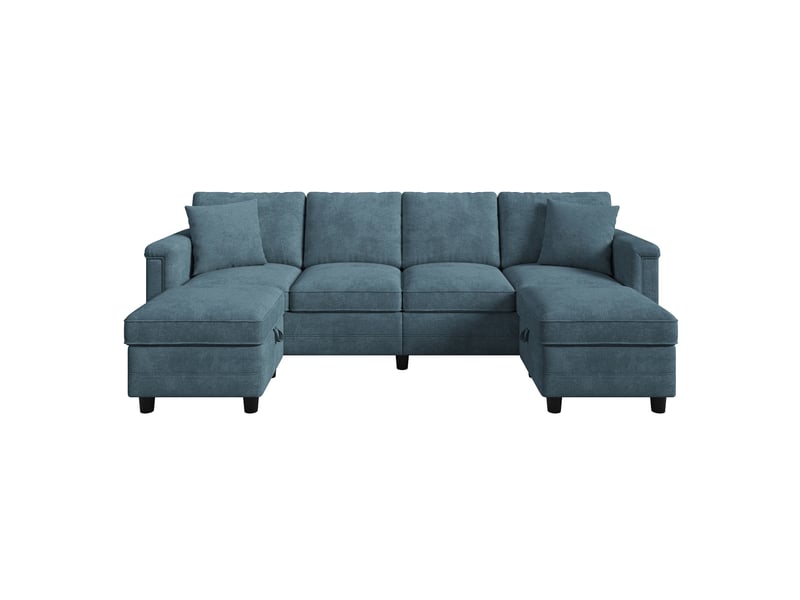  Canapé modulable 261 x 134 x 82 cm bleu en chenille, 2 poufs de rangement avec ports usb et type-c  - Conforama A