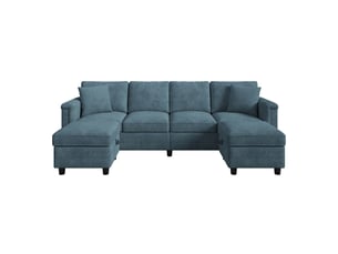 Canapé modulable 261 x 134 x 82 cm bleu en chenille, 2 poufs de rangement avec ports usb et type-c