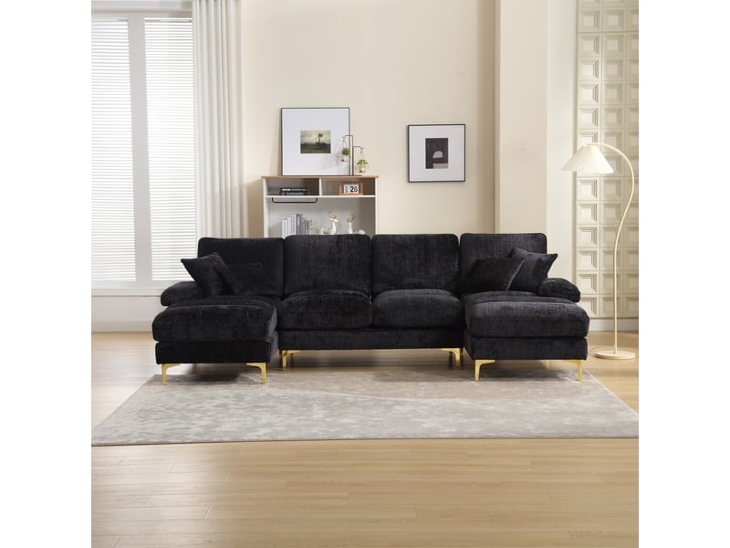 Canapé panoramique en u 4 places avec deux méridiennes et pieds en métal doré, en tissu noir, 272 × 136 × 88 cm - Conforama C