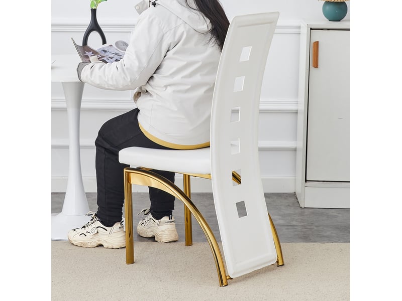  Chaise de salle à manger lot de 4 avec dossier ajouré et assise rembourrée en polyuréthane blanc et métal doré  - Conforama D