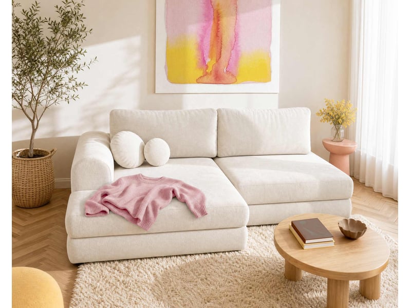 April - canapé d'angle gauche 4 places convertible avec coffre en velours texturé - best mobilier - beige APRIL - Conforama B