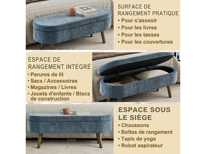  Banc de rangement bleu 110 cm en tissu chenille, forme ovale, pieds en bois  - Conforama E