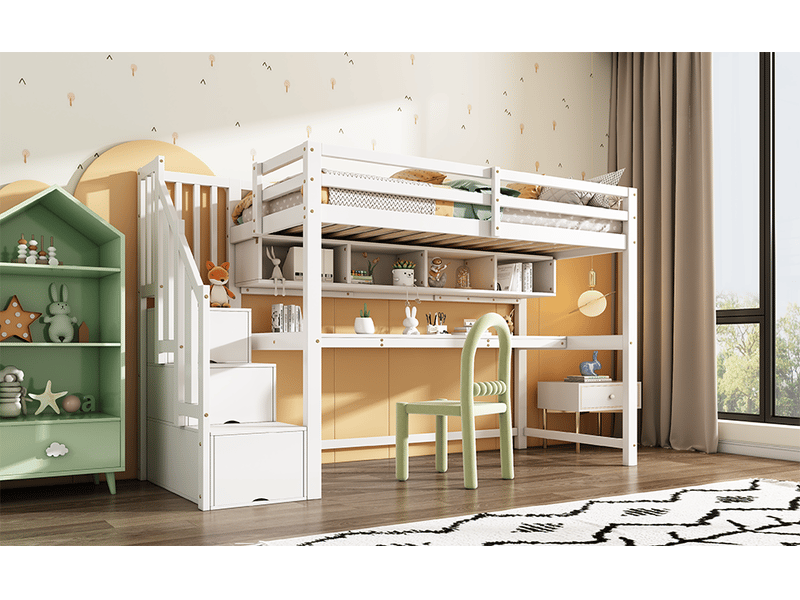  Lit mezzanine 90 × 200 cm, escalier avec rangements, grand bureau, étagères, barrières, bois massif et mdf, blanc  - Conforama B