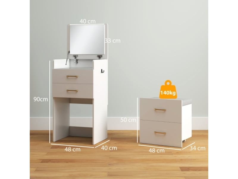  Coiffeuse 3-en-1 avec miroir, tabouret à roulettes et tiroirs, blanc  - Conforama C