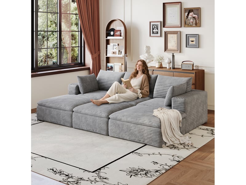  Canapé modulable 6 places en velours côtelé gris, avec coussins déhoussables, sans montage  - Conforama D