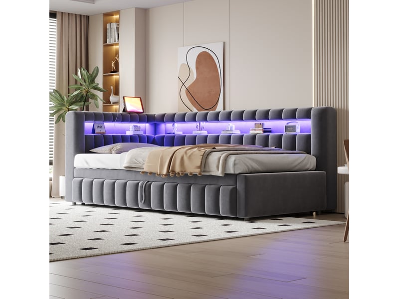  Lit gigogne 90x200 cm avec éclairage led et ports usb et type c en velours gris  - Conforama D