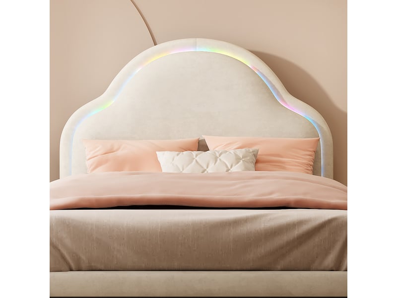  Lit enfant en velours beige, lit simple avec tête nuage et led multicolore à motifs variables, 90x200 cm, sans matelas  - Conforama E