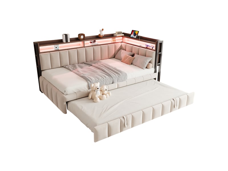  Lit banquette - 90x200 cm - éclairage led - usb et usb-c - sommier à lattes - velours - lit gigogne - gain de place - beige CozyNest - Conforama A