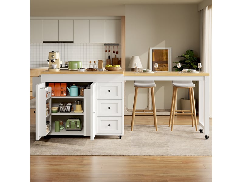 Îlot de cuisine mobile modenvie extensible de 116 à 179,5 cm, plateau additionnel jusqu'à 69,5 cm, 3 tiroirs, placard double porte, roulettes, blanc et noir - Conforama D
