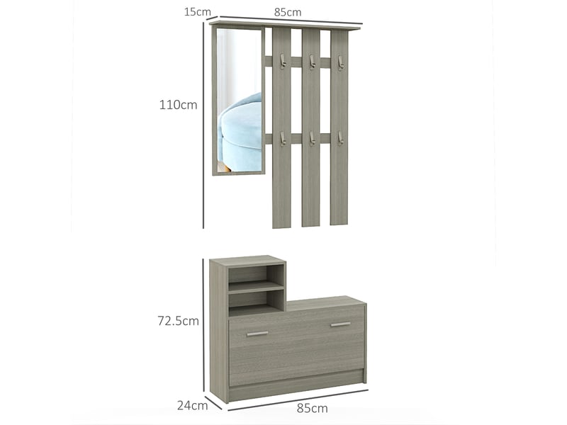  Ensemble de meubles d'entrée comprenant un porte-manteau, un miroir, un banc avec étagère et un meuble à chaussures pour 8 paires de chaussures, gris  - Conforama E