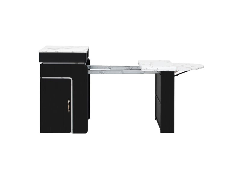  Îlot de cuisine extensible à roulettes noir avec 2 tiroirs 2 portes, led, effet marbre  - Conforama E
