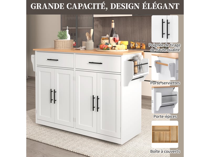  Buffet de cuisine 120x46x91.5cm, meuble de cuisine avec 2 tiroirs, 4 portes, plan de travail extensible, mdf, blanc+naturel  - Conforama C