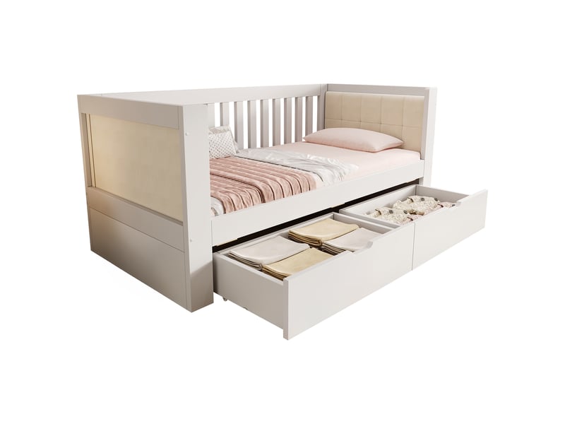  Lit banquette 90 × 200 cm blanc en bois, 2 tiroirs et accoudoirs arrondis IKSETERA TRADING LTD - Conforama A