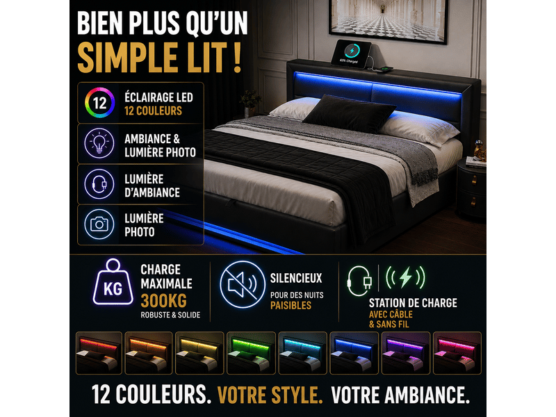 Lit enfant 90x190 cm - lit avec rangement - led multicolore et usb - sommier inclus - pu - gris - Conforama E