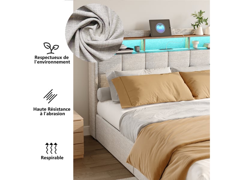  Lit double 140x200 avec led et tiroir, lit 2 personnes avec led et usb cadre de lit rembourré avec 4 tiroirs de rangement et tête de lit capitonnée pour adultes et adolescents lin beige, sans matelas  - Conforama R