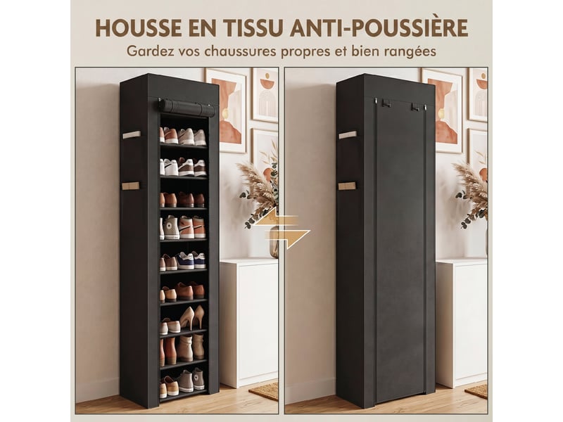 Étagère à chaussures 20 paires 10 niveaux, noir, range-chaussures en métal avec housse anti-poussière - Conforama R