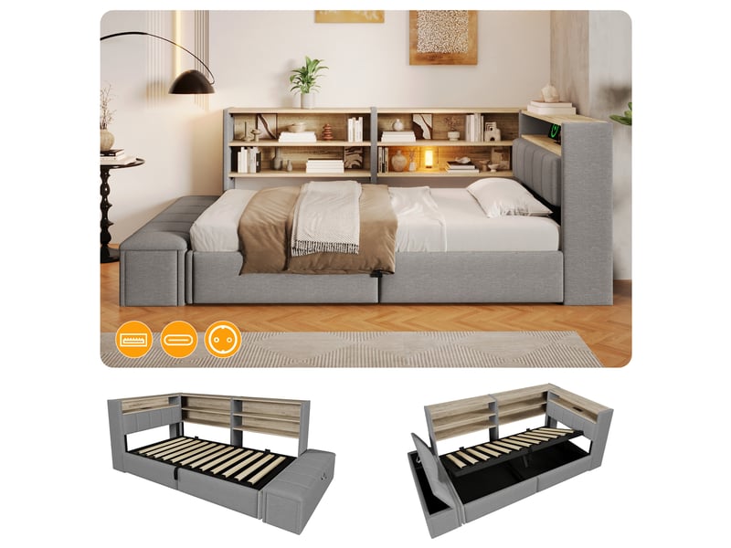  Lit coffre hydraulique 90x200 cm avec led, usb-c, banc coffre et tête réversible, velours gris, sans matelas  - Conforama E