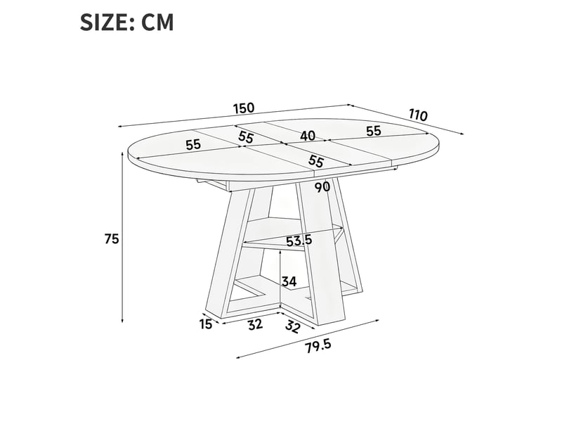  Table à manger extensible ronde 110150 x 110 x 75 cm, 150x110 cm, mdf, couleur noir aspect bois, espace de rangement  - Conforama C