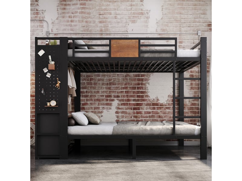  Lit superposé enfant 120x200 cm - avec étagères et tiroirs - avec échelle - portant à vêtements et panneau perforé - noir (sans matelas)  - Conforama D