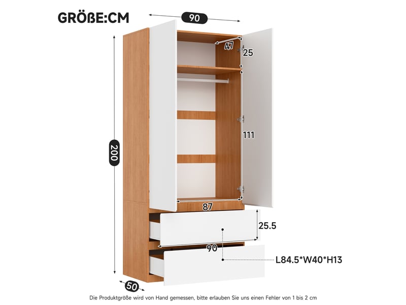  Porte armoire 90x50x200 cm avec 1 barre de penderie, 2 tiroirs et 2 portes, mdf et panneau de particules, blanc  - Conforama C