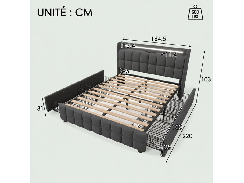  Lit double rembourré 160 x 200 cm, tête de lit led, 2 usb + 2 prises, 4 tiroirs, sommier à lattes, matelas h3 inclus, gris  - Conforama C
