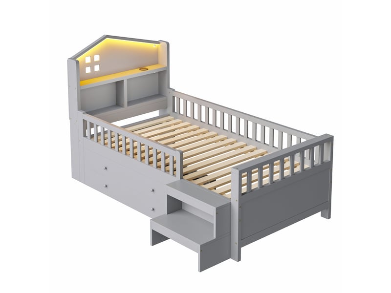  Lit enfant 90 × 200 cm avec barrières, 4 tiroirs, led, usb et usb-c, sans matelas, en bois, gris  - Conforama E