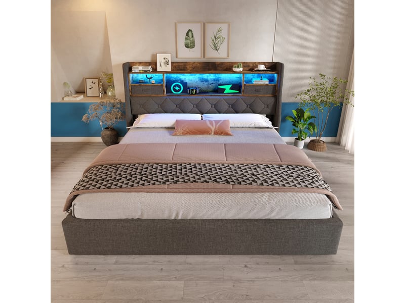  Lit canapé 90x190 cm velours beige - rangement intégré, éclairage led et ports usb-c  - Conforama E