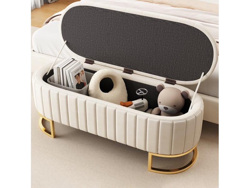  Banquette coffre 120x39,9x43 cm, rangement, repose-pieds, banc de lit, salon et chambre, pieds métal, velours, beige  - Conforama B