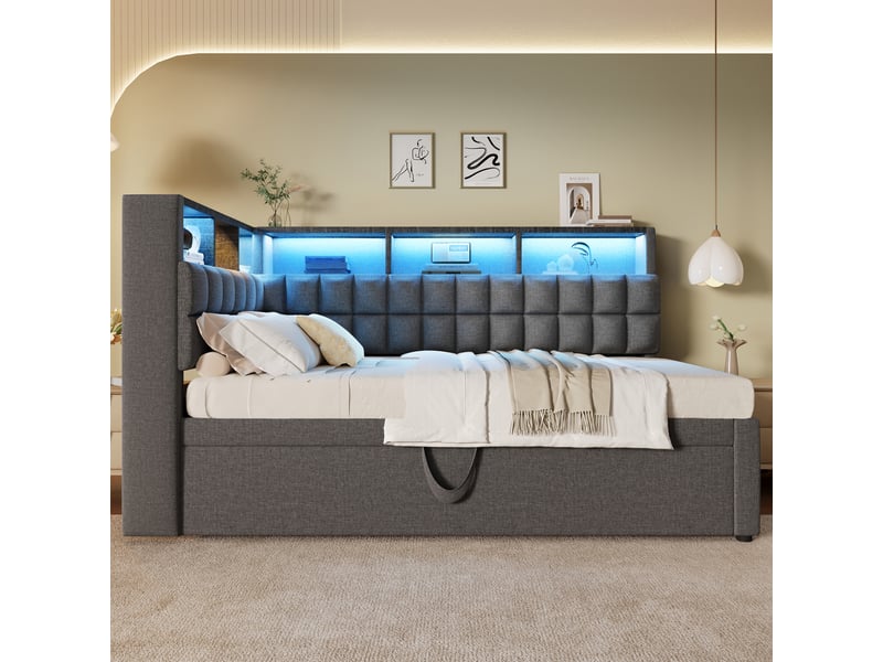 Lit banquette 90x200 cm avec lit gigogne 90x190 cm, led, enceinte bluetooth, usbtype-c, tête de lit avec rangement, tissu lin, sans matelas - gris - Conforama D