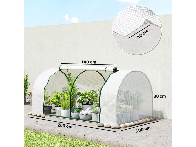Serre de jardin tunnel 200 x 100 x 80 cm – blanche – bâche pe, porte zippée et cadre en acier stable - Conforama C