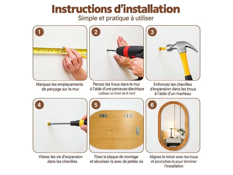 Miroir de salle de bain ovale 50x80cm verre trempé hd étanche – bois naturel - Conforama D