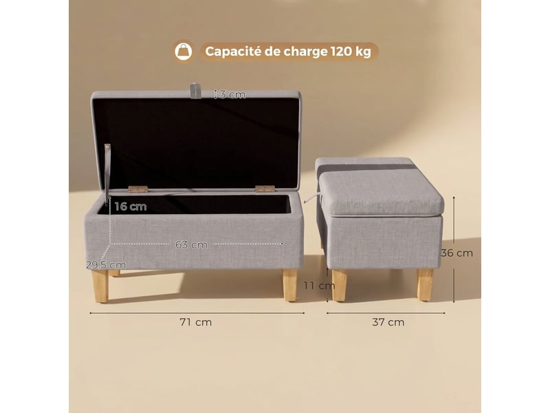  Banc de rangement gris clair 71 cm avec coffre, aspect lin et pieds en bois d'hévéa  - Conforama C