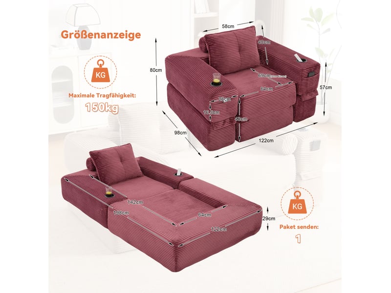 Canapé convertible 1 place avec porte-gobelets, poches et accoudoirs amovibles en velours côtelé rouge lie-de-vin - Conforama C
