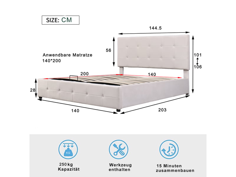  Lit coffre 140*200 cm blanc crème, relevage hydraulique, tête de lit ajustable et sommier métal, velours  - Conforama B