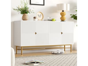 Buffet 160x40x82 cm avec 4 portes en relief texturé, meuble de rangement blanc avec pieds métal doré, design moderne en mdf - blanc