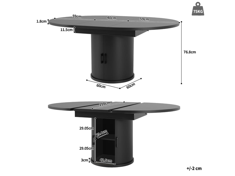  Table à manger extensible, 118x118x76,8 cm, ronde à ovale, salle à manger, design moderne, pratique, mdf, coloris noir  - Conforama C