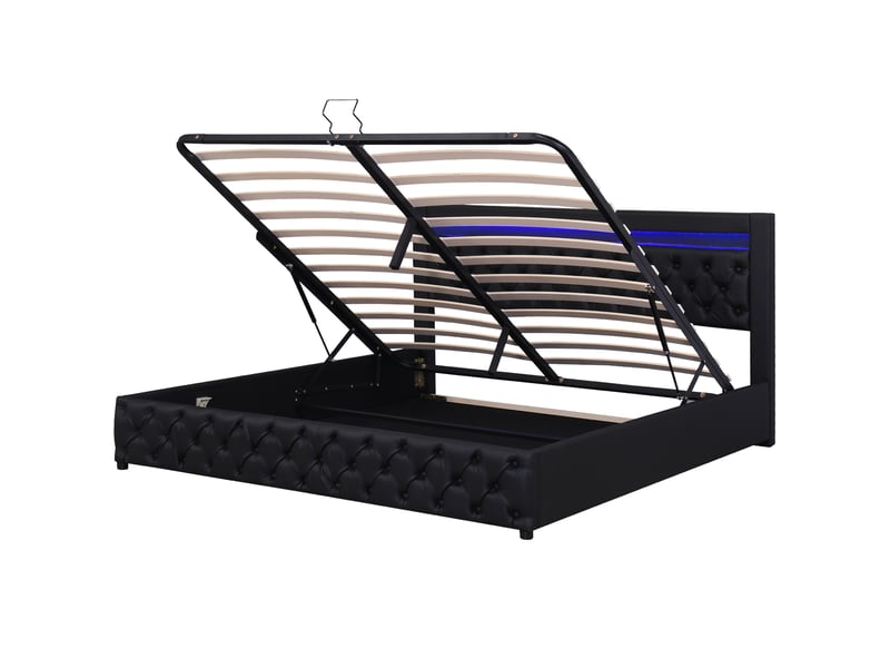  Lit double 160x200 cm similicuir noir – led et coffre de rangement  - Conforama E
