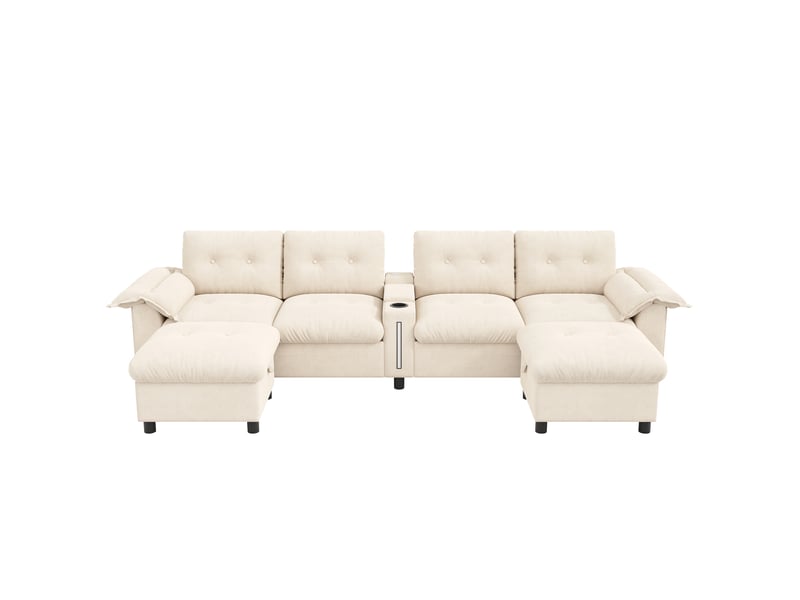  Canapé d'angle modulable 6 places 312 cm en chenille beige, 2 poufs coffres, console led et usb-c Fay Lum - Conforama A