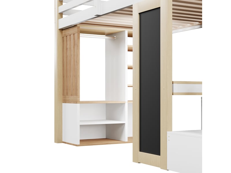  Lit mezzanine 90 x 200 cm, lit enfant surélevé, placard intégré, bureau intégré, étagères ouvertes, éclairage led, échelle, bois massif, blanc Morn Vibe - Conforama E