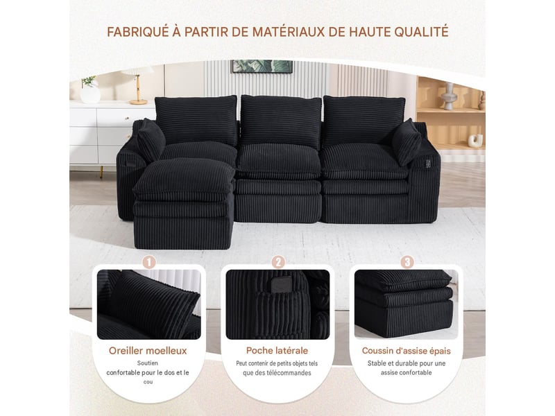  Canapé modulable 3 places avec pouf en velours côtelé noir 263x167x85 cm W2845S00370 - Conforama D