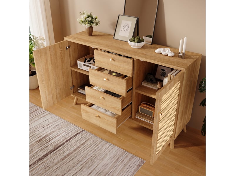  Buffet avec 2 portes, 4 tiroirs et étagères réglables pour salon en panneaux 140×40×86 cm chêne clair  - Conforama C