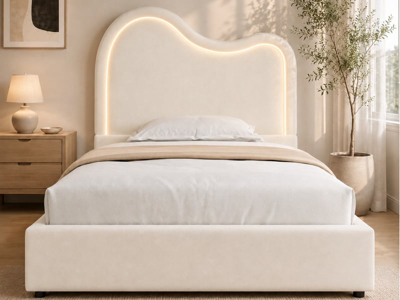  Lit enfant ，90x200 cm，avec coffre led tête nuage ，bouclé， blanc  - Conforama B
