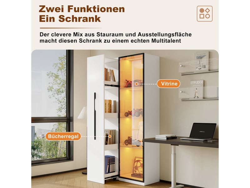 Armoire multifonction 160 cm blanche, vitrine avec éclairage led et bibliothèque coulissante, meuble de rangement pour salon et salle à manger. - Conforama D