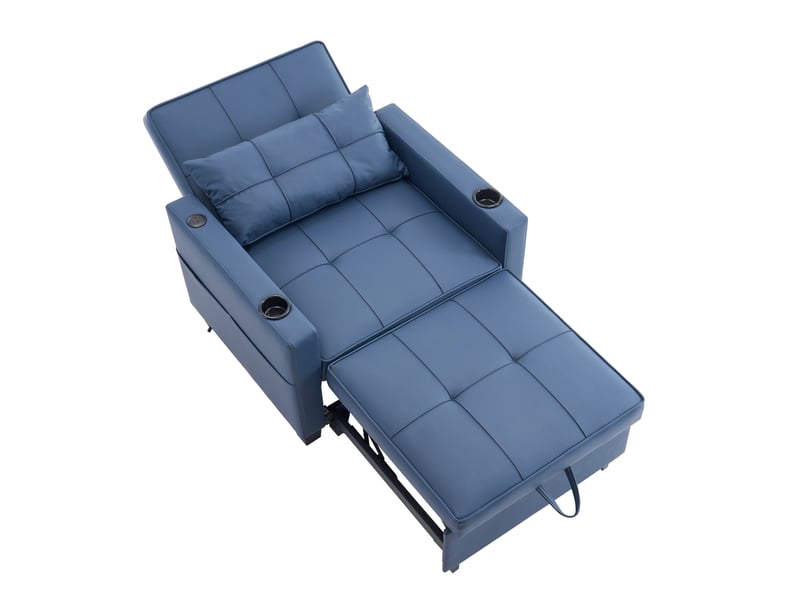  Canapé convertible 1 place avec dossier réglable, poche latérale et structure en bois et métal, bleu  - Conforama A