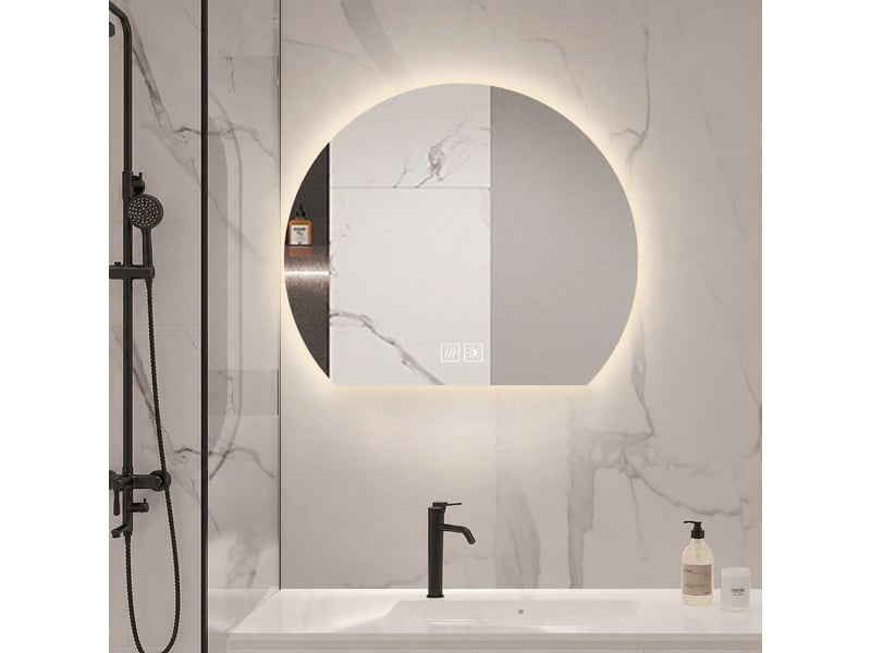Miroir salle de bain led 50 x 43 cm blanc verre sécurisé demi cercle tactile anti buée 3 couleurs cri supérieur à 90 lavabo coiffeuse - Conforama E
